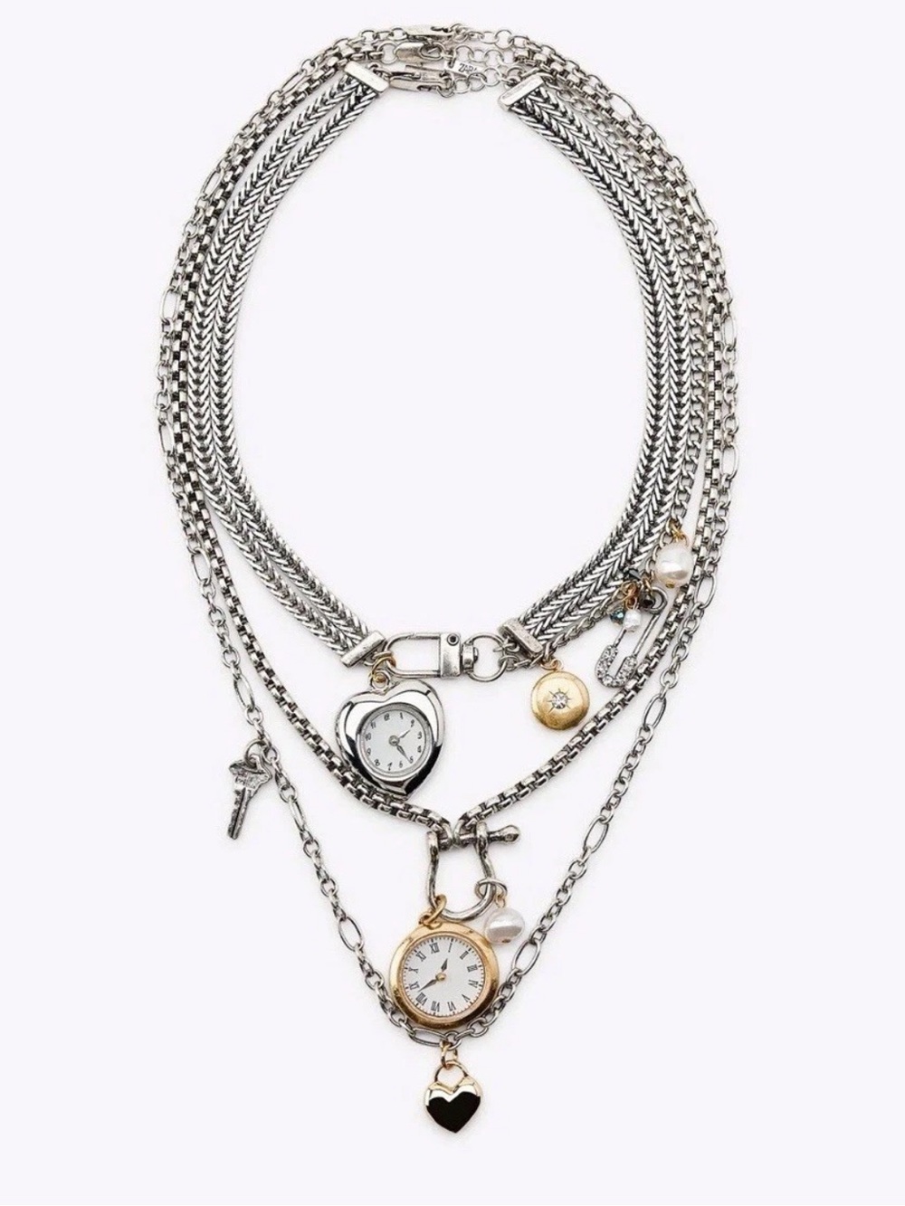 Zara Mixed Metal Pack of Three Watch and Clock Charm Necklace Set